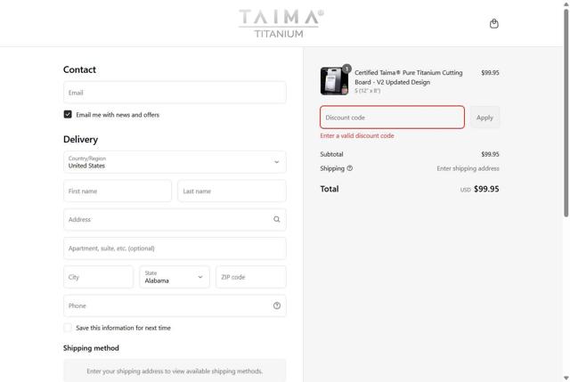 Taima Titanium checkout page showing Taima Titanium discount code box | Screenshot taken by SimplyCodes community member on Aug 20, 2025