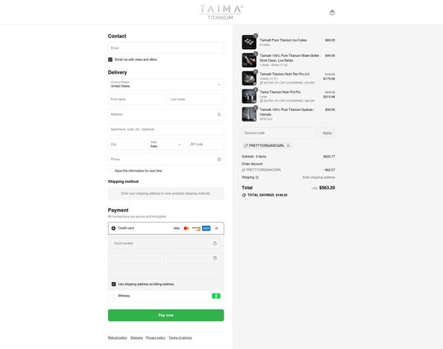 Taima Titanium checkout page showing Taima Titanium discount code box | Screenshot taken by SimplyCodes community member on Aug 20, 2025