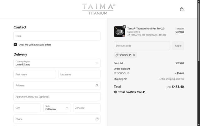 Taima Titanium checkout page showing Taima Titanium discount code box | Screenshot taken by SimplyCodes community member on Aug 16, 2025