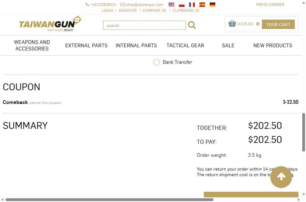 Taiwangun checkout page showing Taiwangun coupon code box | Screenshot taken by SimplyCodes community member on Jul 31, 2025