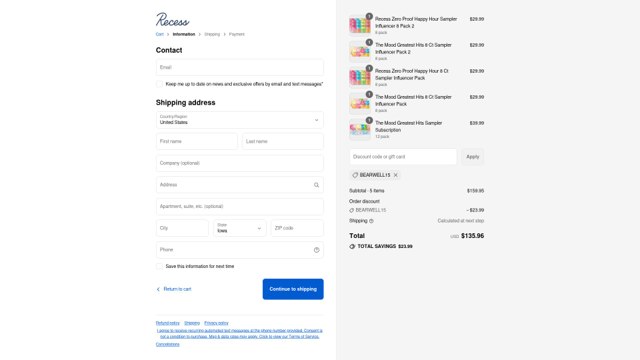 Recess checkout page showing Recess discount code box | Screenshot taken by SimplyCodes community member on Sep 6, 2025