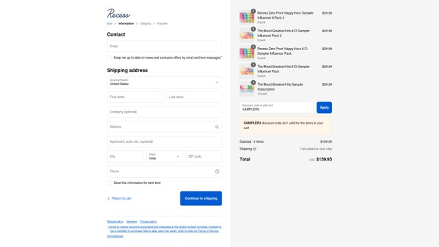 Recess checkout page showing Recess discount code box | Screenshot taken by SimplyCodes community member on Sep 6, 2025