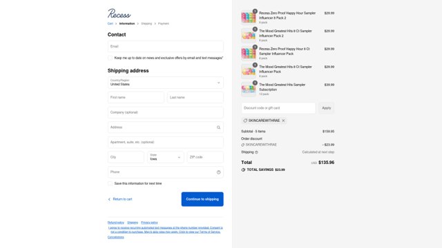 Recess checkout page showing Recess discount code box | Screenshot taken by SimplyCodes community member on Sep 6, 2025