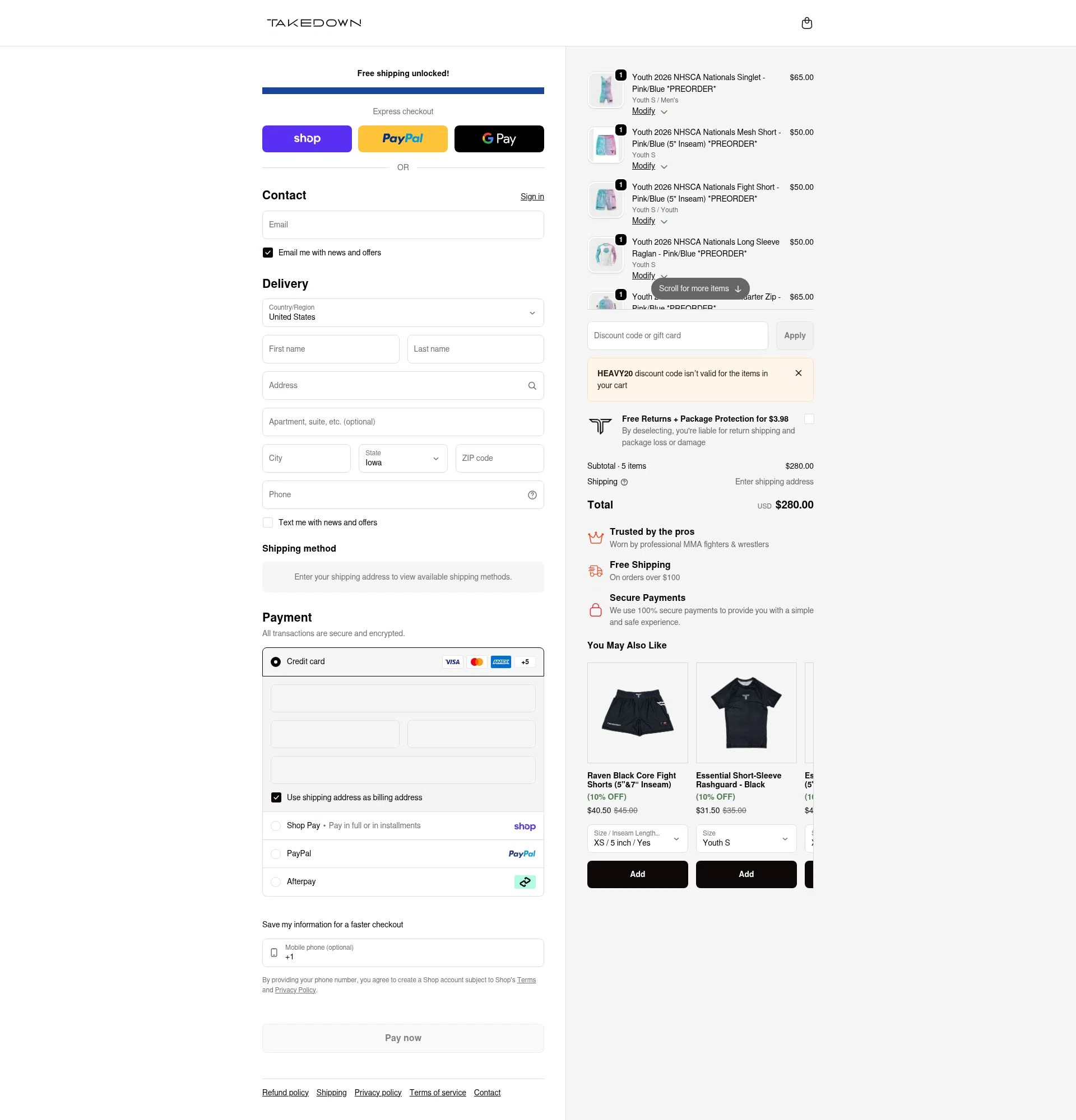 Takedown Sportswear checkout page showing Takedown Sportswear discount code box | Screenshot taken by SimplyCodes community member on Feb 20, 2026