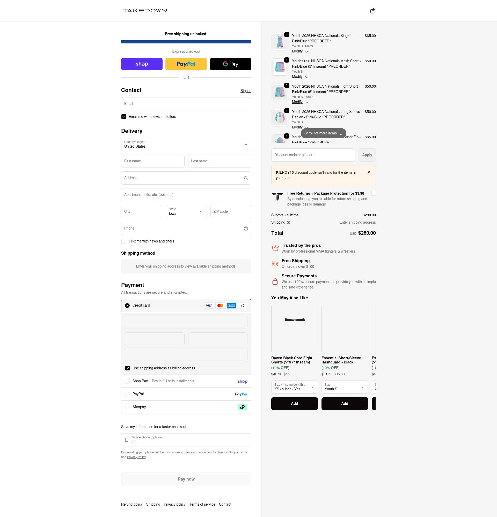Takedown Sportswear checkout page showing Takedown Sportswear discount code box | Screenshot taken by SimplyCodes community member on Feb 20, 2026