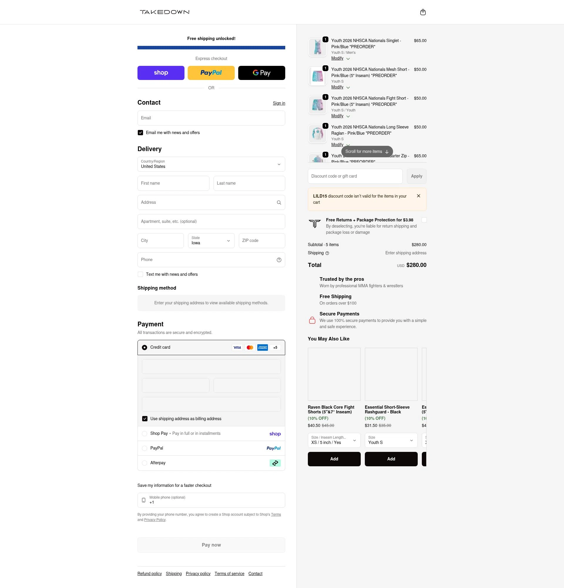 Takedown Sportswear checkout page showing Takedown Sportswear discount code box | Screenshot taken by SimplyCodes community member on Feb 20, 2026
