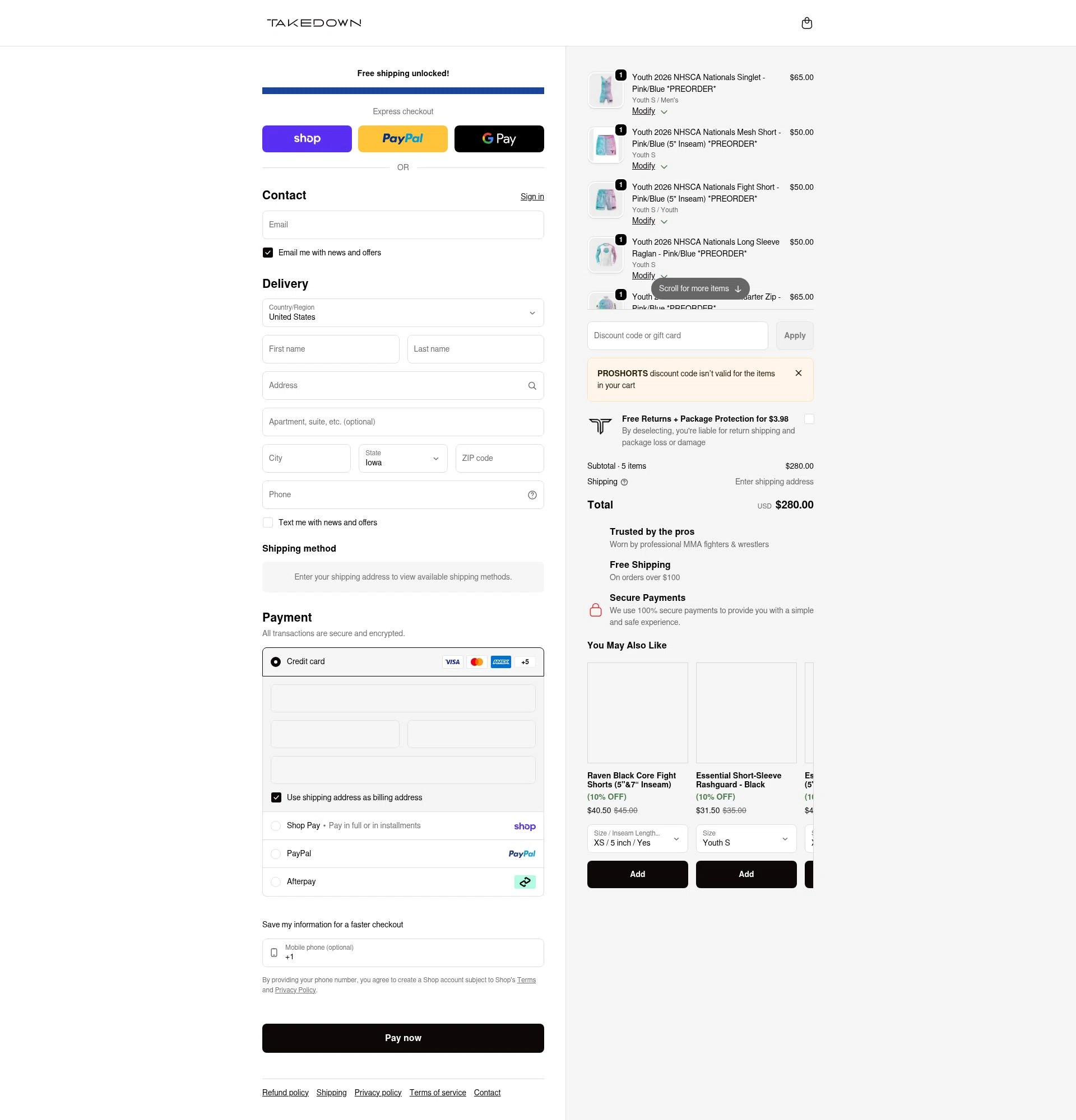 Takedown Sportswear checkout page showing Takedown Sportswear discount code box | Screenshot taken by SimplyCodes community member on Feb 20, 2026