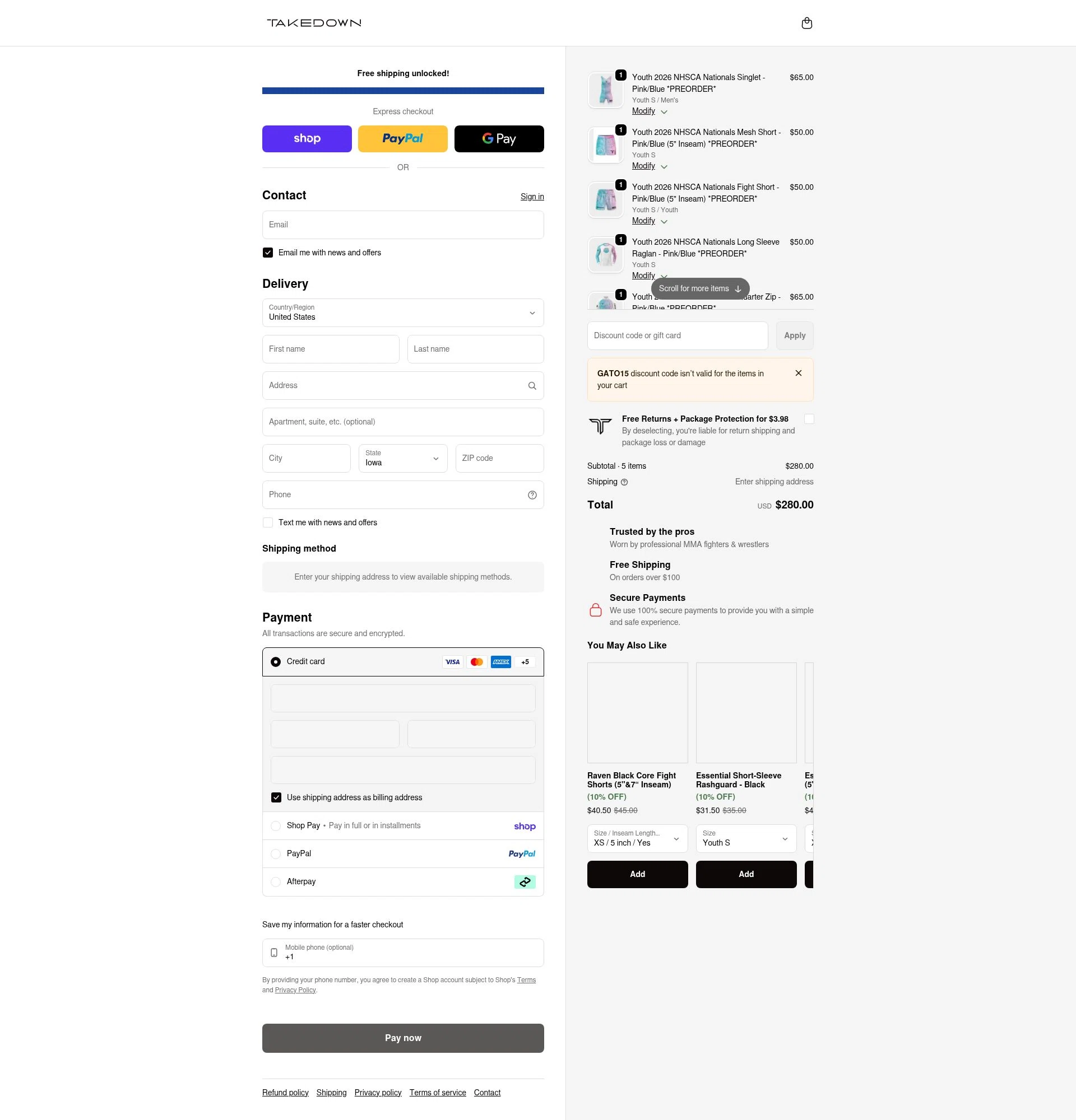 Takedown Sportswear checkout page showing Takedown Sportswear discount code box | Screenshot taken by SimplyCodes community member on Feb 20, 2026