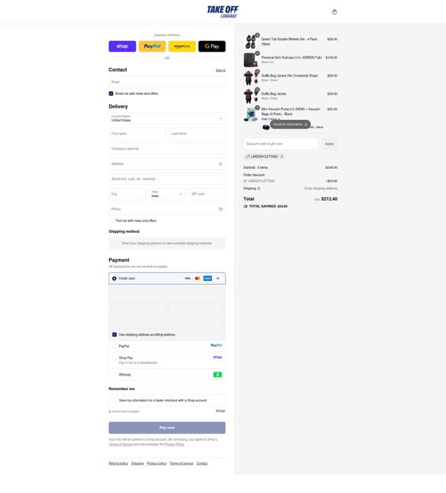 Take OFF Luggage checkout page showing Take OFF Luggage coupon code box | Screenshot taken by SimplyCodes community member on Sep 15, 2025