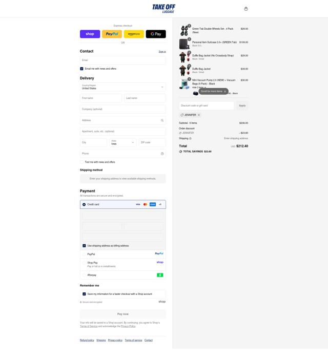Take OFF Luggage checkout page showing Take OFF Luggage coupon code box | Screenshot taken by SimplyCodes community member on Sep 15, 2025