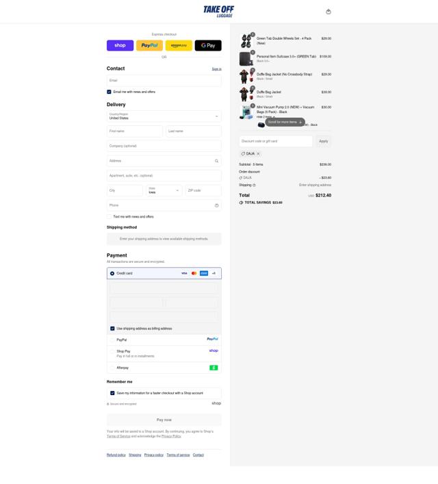 Take OFF Luggage checkout page showing Take OFF Luggage coupon code box | Screenshot taken by SimplyCodes community member on Sep 15, 2025