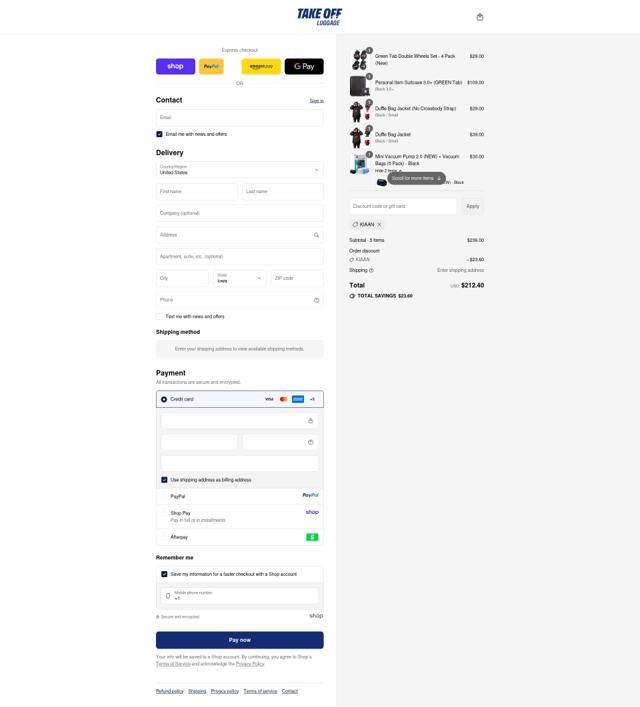 Take OFF Luggage checkout page showing Take OFF Luggage coupon code box | Screenshot taken by SimplyCodes community member on Sep 15, 2025
