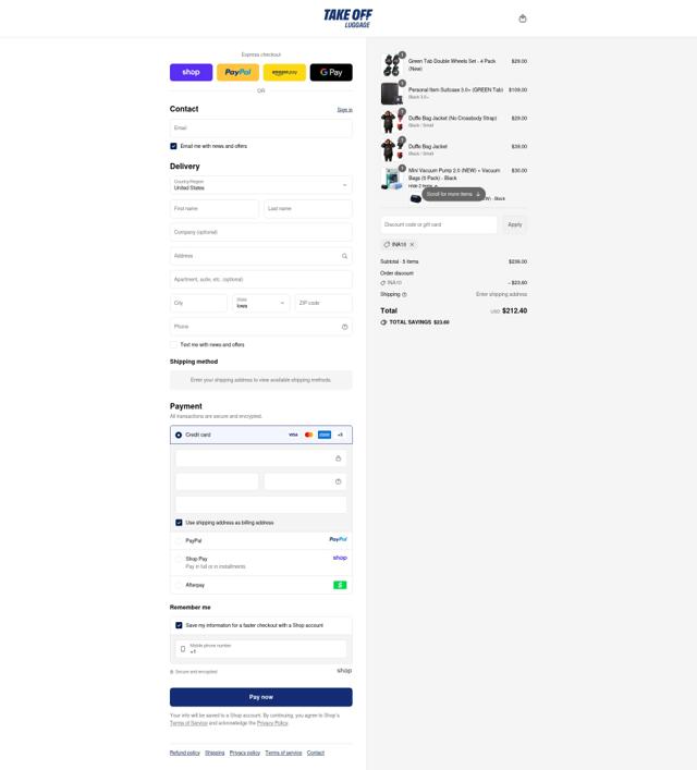 Take OFF Luggage checkout page showing Take OFF Luggage coupon code box | Screenshot taken by SimplyCodes community member on Sep 15, 2025
