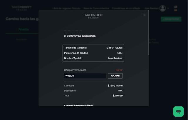 Take Profit Trader checkout page showing Take Profit Trader promo code box | Screenshot taken by SimplyCodes community member on Jul 16, 2025