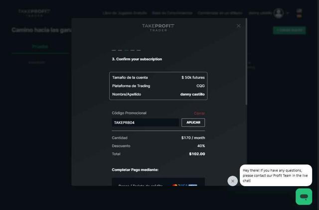 Take Profit Trader checkout page showing Take Profit Trader promo code box | Screenshot taken by SimplyCodes community member on Aug 3, 2025