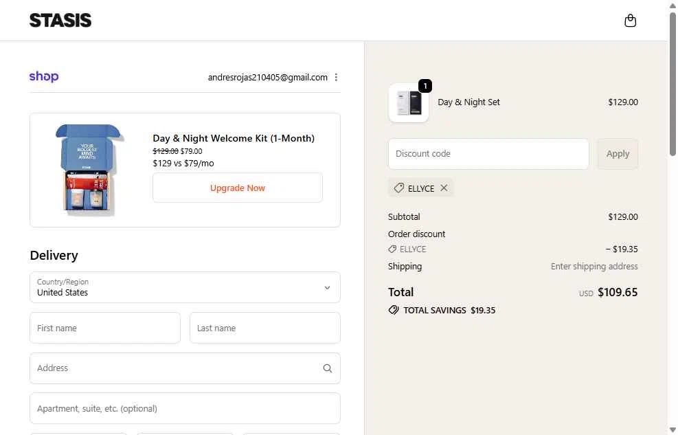 Stasis checkout page showing Stasis discount code box | Screenshot taken by SimplyCodes community member on Feb 10, 2026