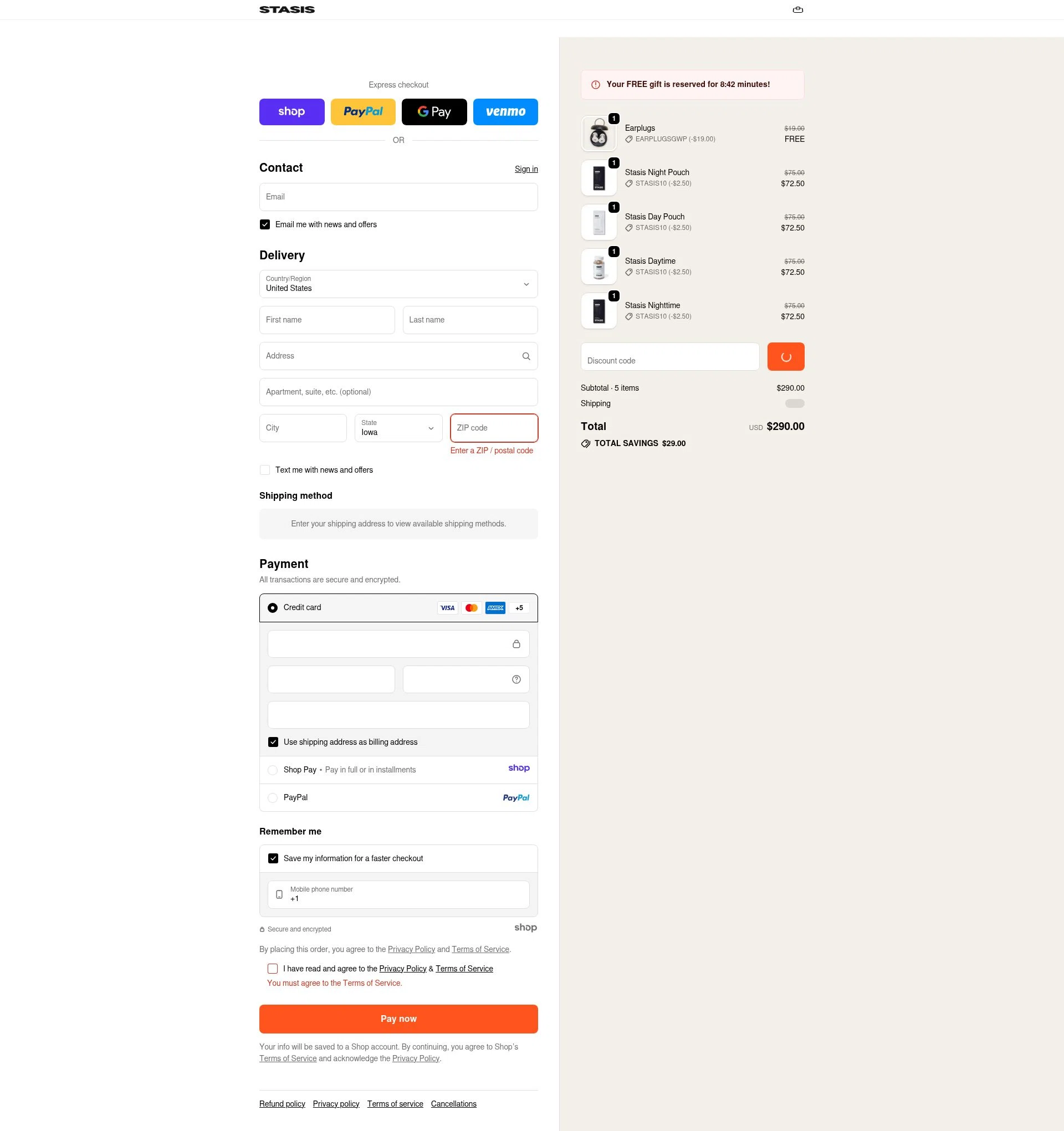 Stasis checkout page showing Stasis discount code box | Screenshot taken by SimplyCodes community member on Jan 17, 2026