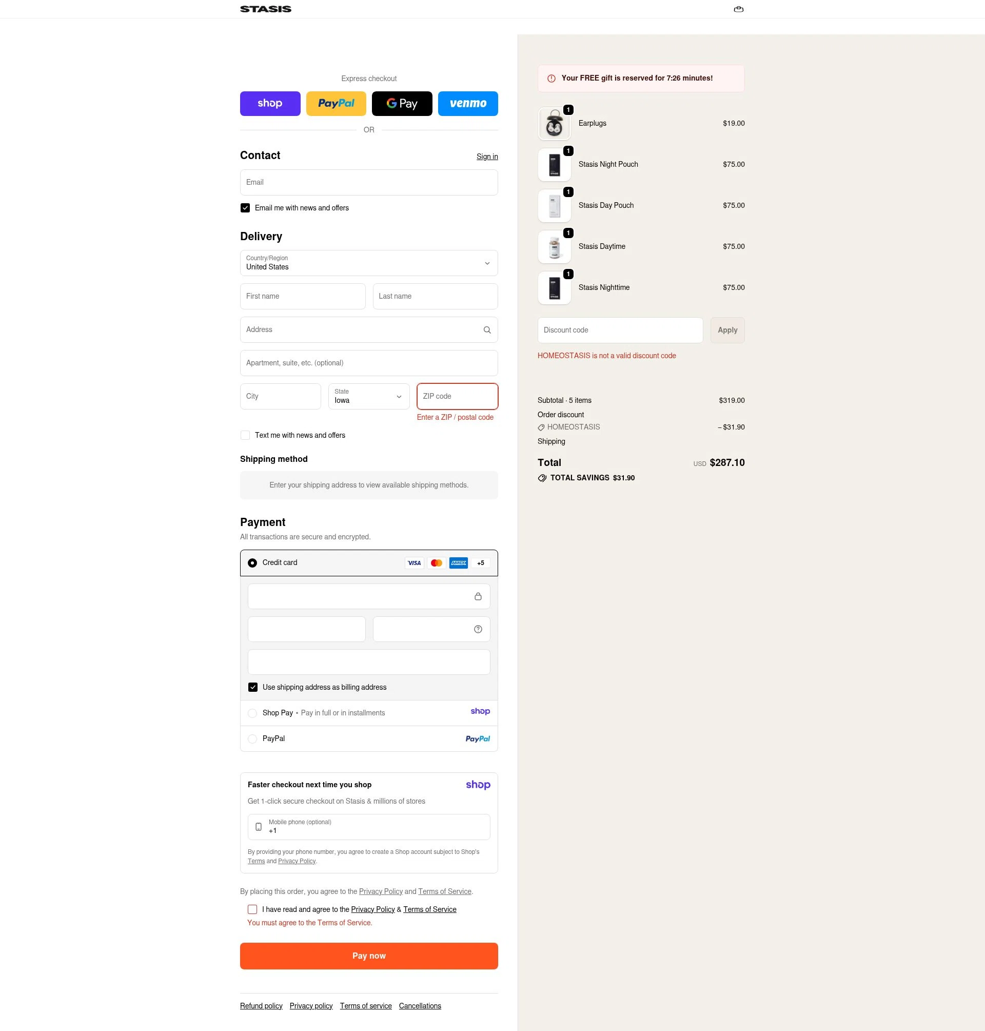 Stasis checkout page showing Stasis discount code box | Screenshot taken by SimplyCodes community member on Jan 12, 2026
