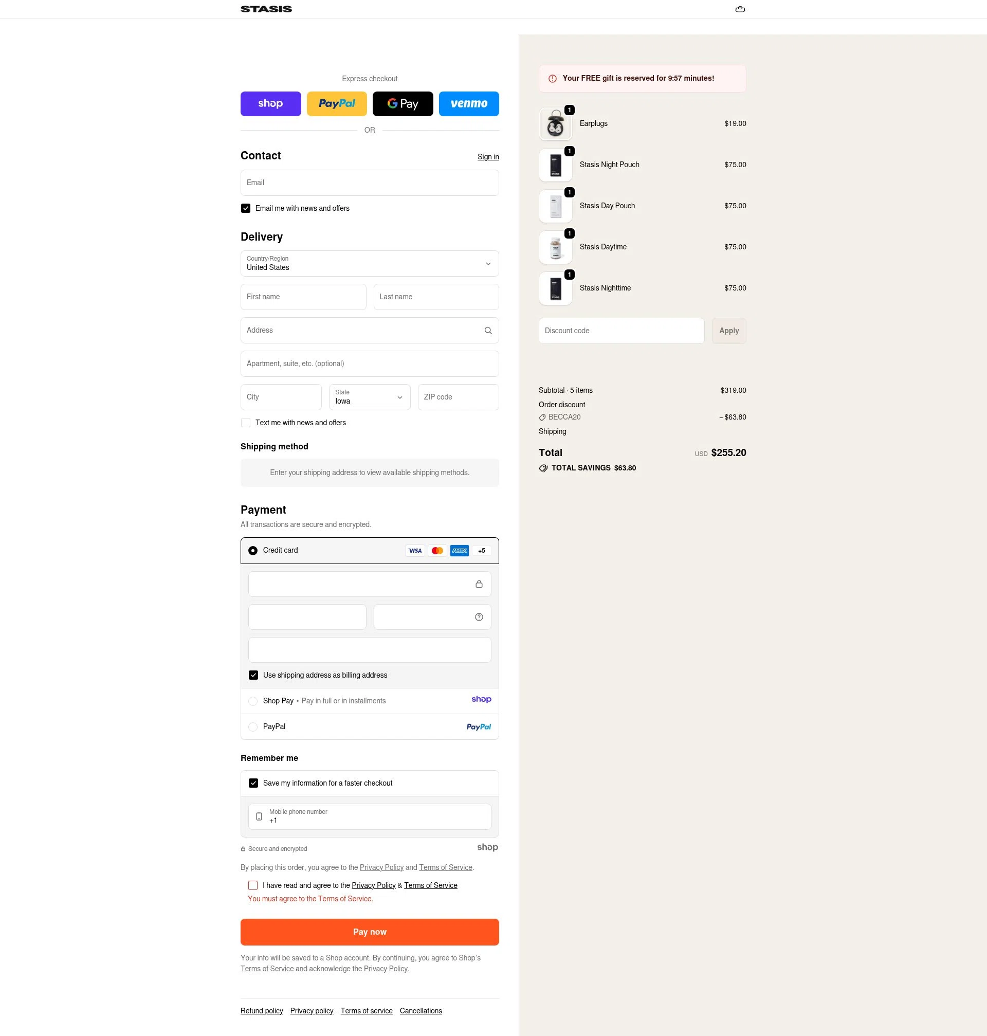 Stasis checkout page showing Stasis discount code box | Screenshot taken by SimplyCodes community member on Jan 17, 2026