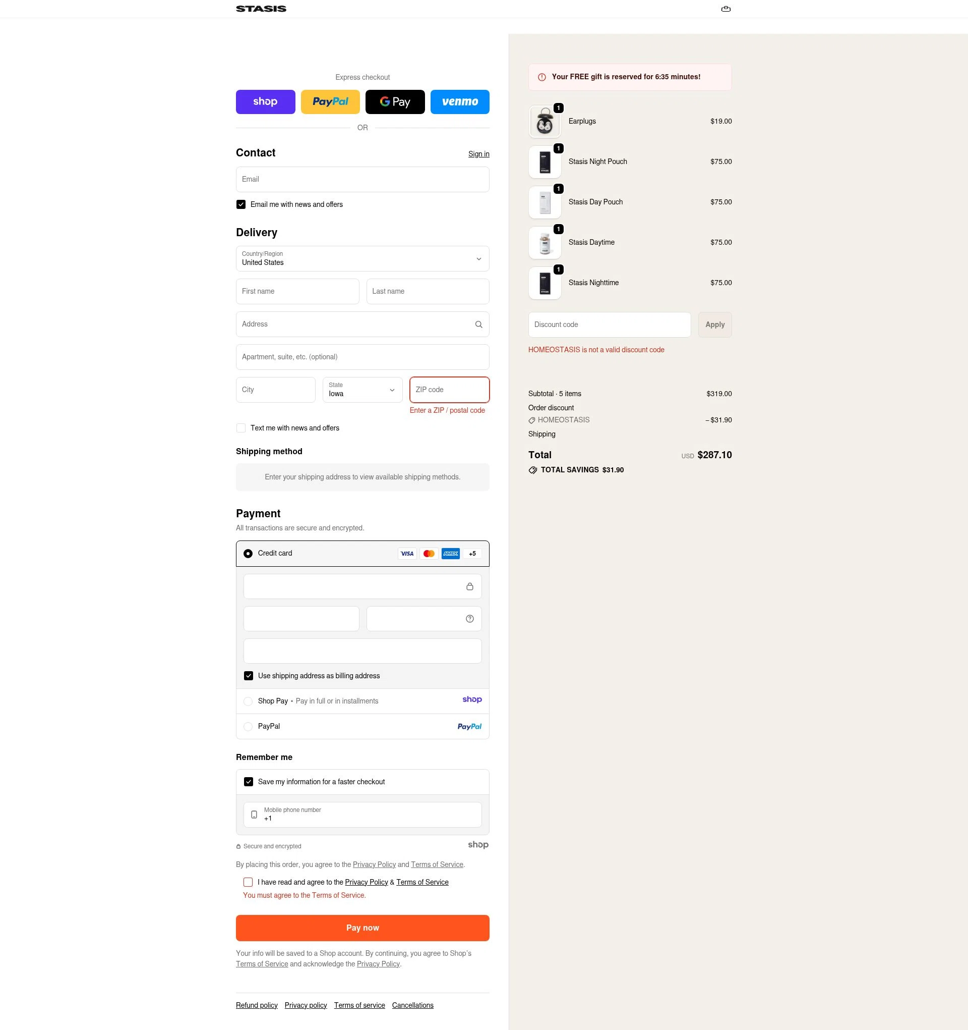Stasis checkout page showing Stasis discount code box | Screenshot taken by SimplyCodes community member on Jan 17, 2026