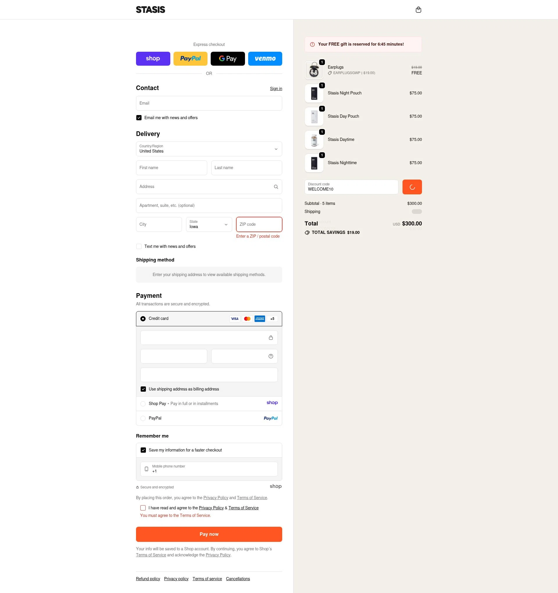 Stasis checkout page showing Stasis discount code box | Screenshot taken by SimplyCodes community member on Jan 17, 2026