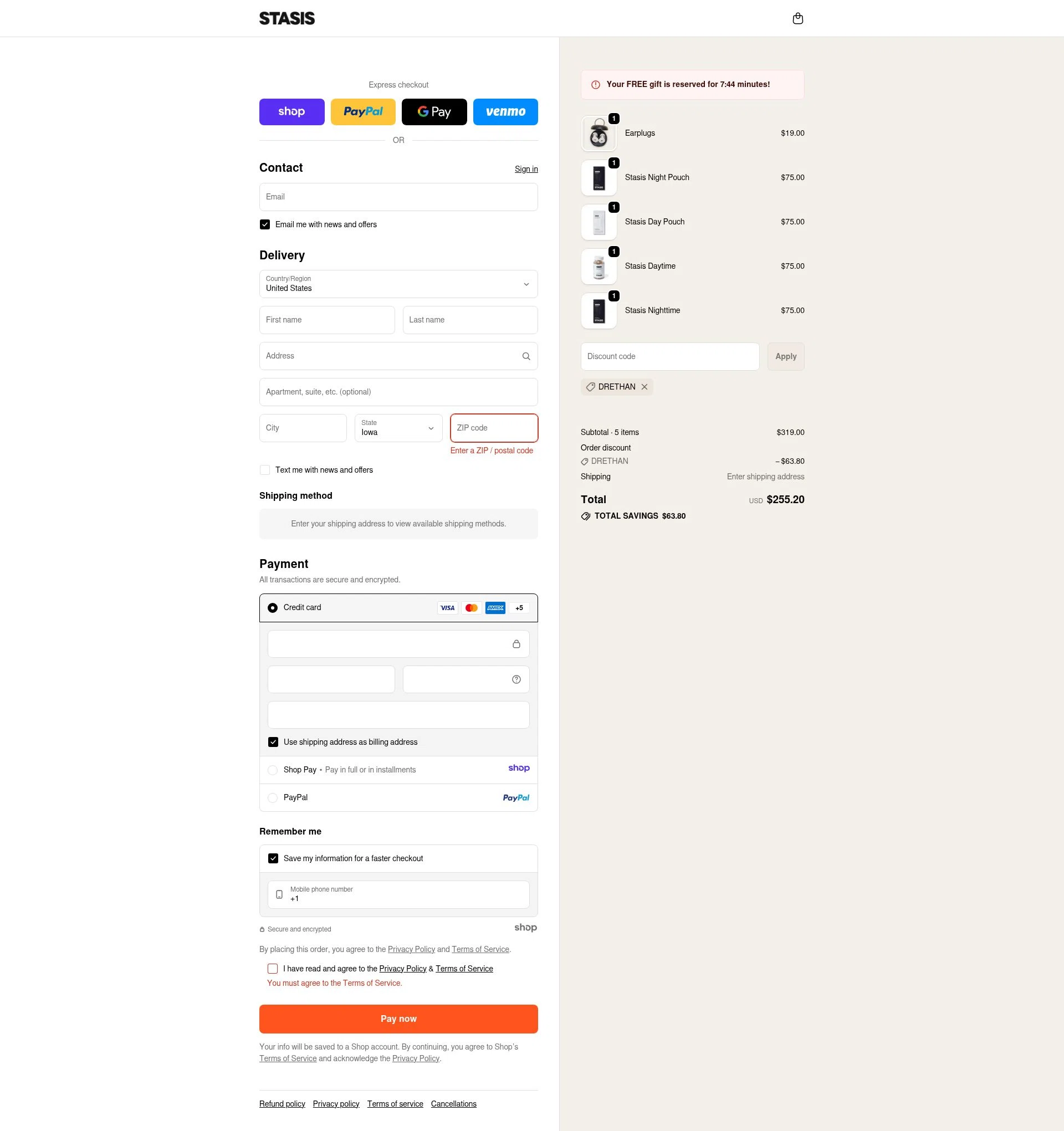 Stasis checkout page showing Stasis discount code box | Screenshot taken by SimplyCodes community member on Jan 17, 2026