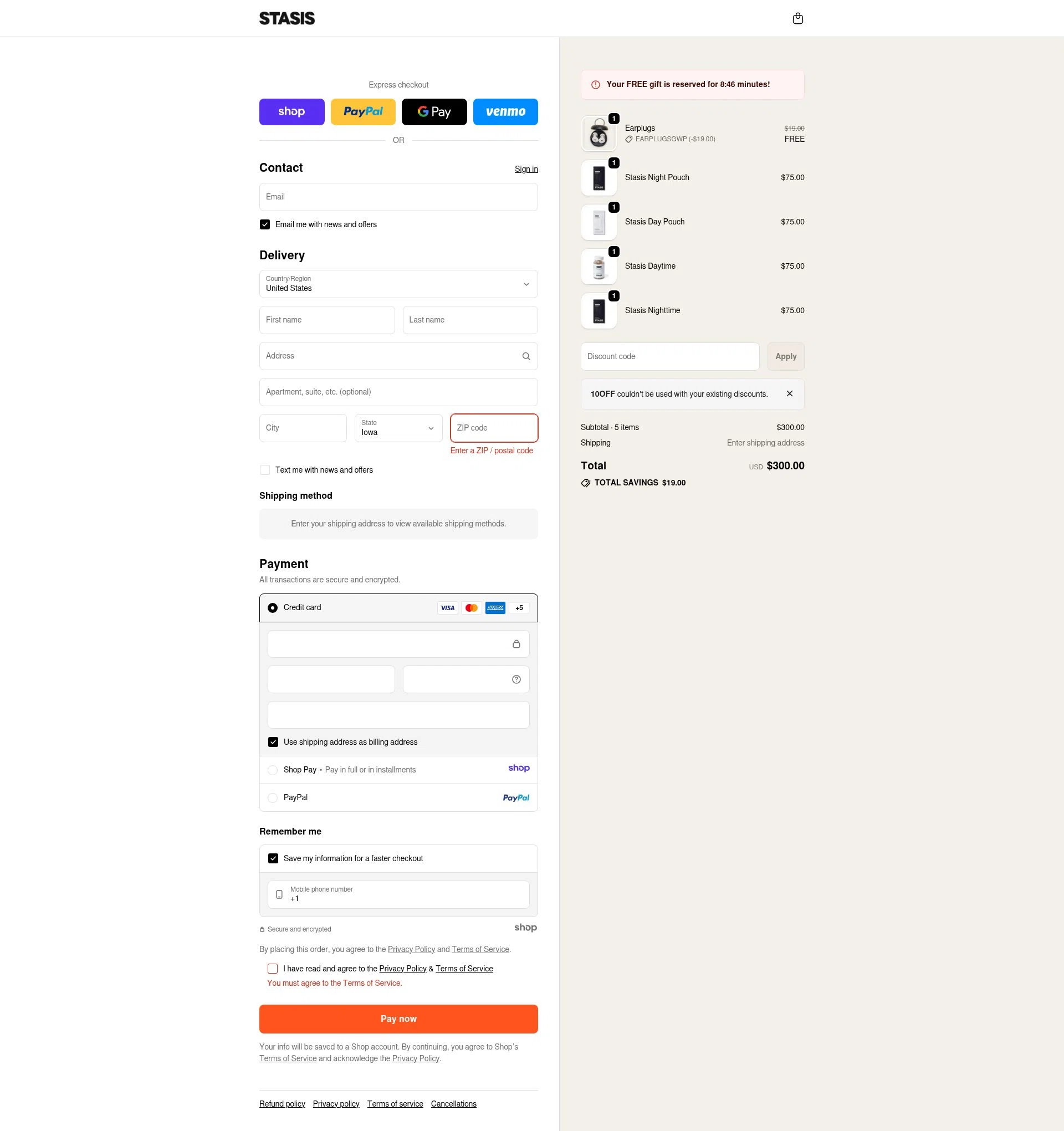 Stasis checkout page showing Stasis discount code box | Screenshot taken by SimplyCodes community member on Jan 17, 2026