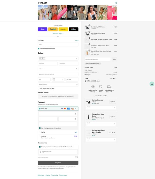 Takeya checkout page showing Takeya discount code box | Screenshot taken by SimplyCodes community member on Sep 4, 2025