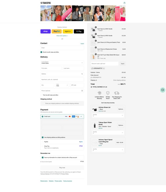 Takeya checkout page showing Takeya discount code box | Screenshot taken by SimplyCodes community member on Sep 4, 2025