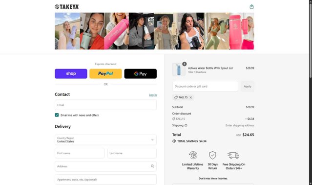 Takeya checkout page showing Takeya discount code box | Screenshot taken by SimplyCodes community member on Sep 4, 2025