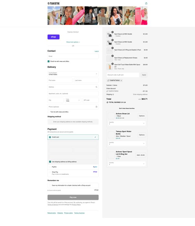 Takeya checkout page showing Takeya discount code box | Screenshot taken by SimplyCodes community member on Sep 4, 2025