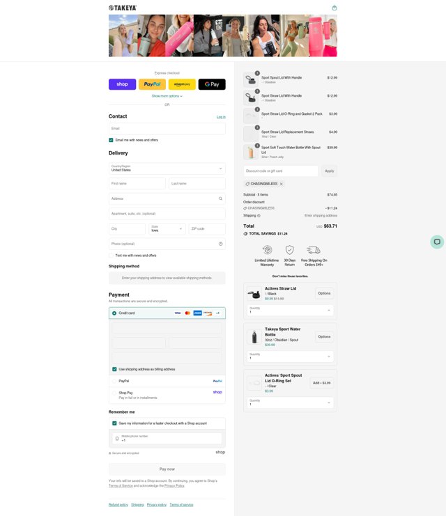 Takeya checkout page showing Takeya discount code box | Screenshot taken by SimplyCodes community member on Sep 4, 2025