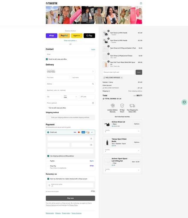 Takeya checkout page showing Takeya discount code box | Screenshot taken by SimplyCodes community member on Sep 4, 2025