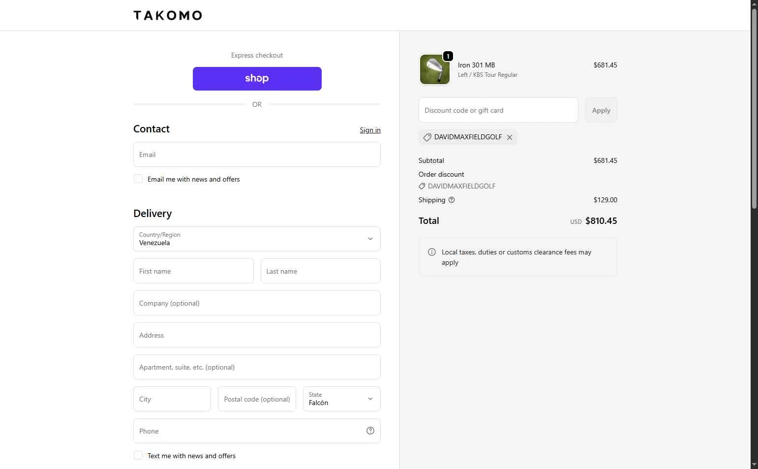 Takomo Golf checkout page showing Takomo Golf discount code box | Screenshot taken by SimplyCodes community member on Feb 13, 2026
