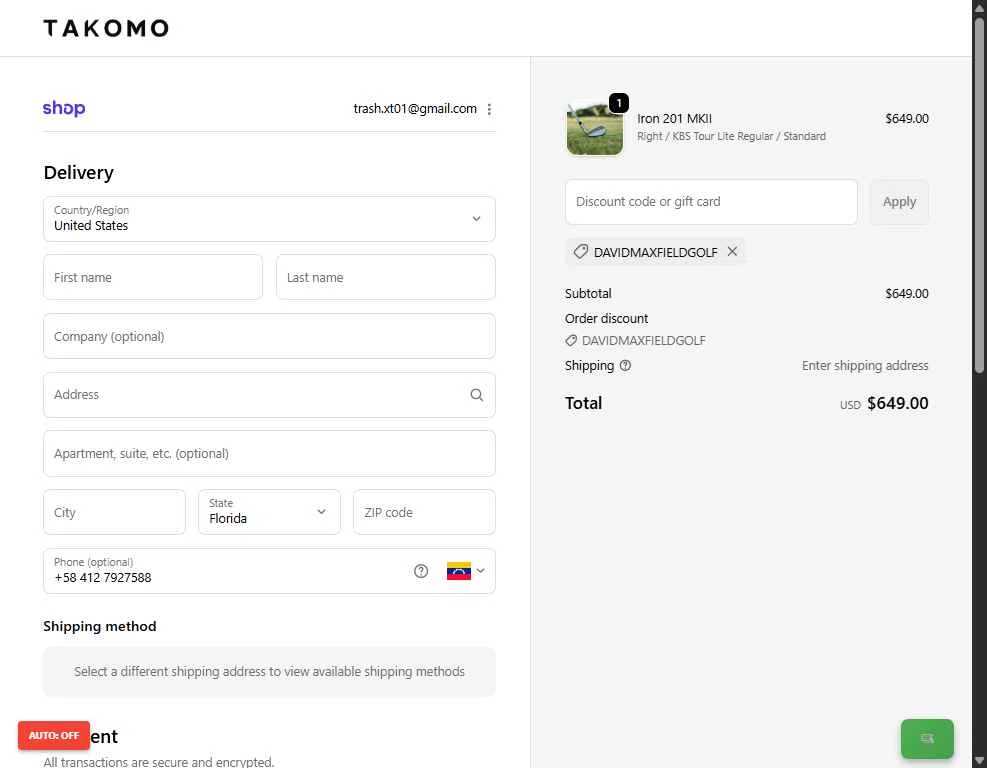 Takomo Golf checkout page showing Takomo Golf discount code box | Screenshot taken by SimplyCodes community member on Feb 9, 2026