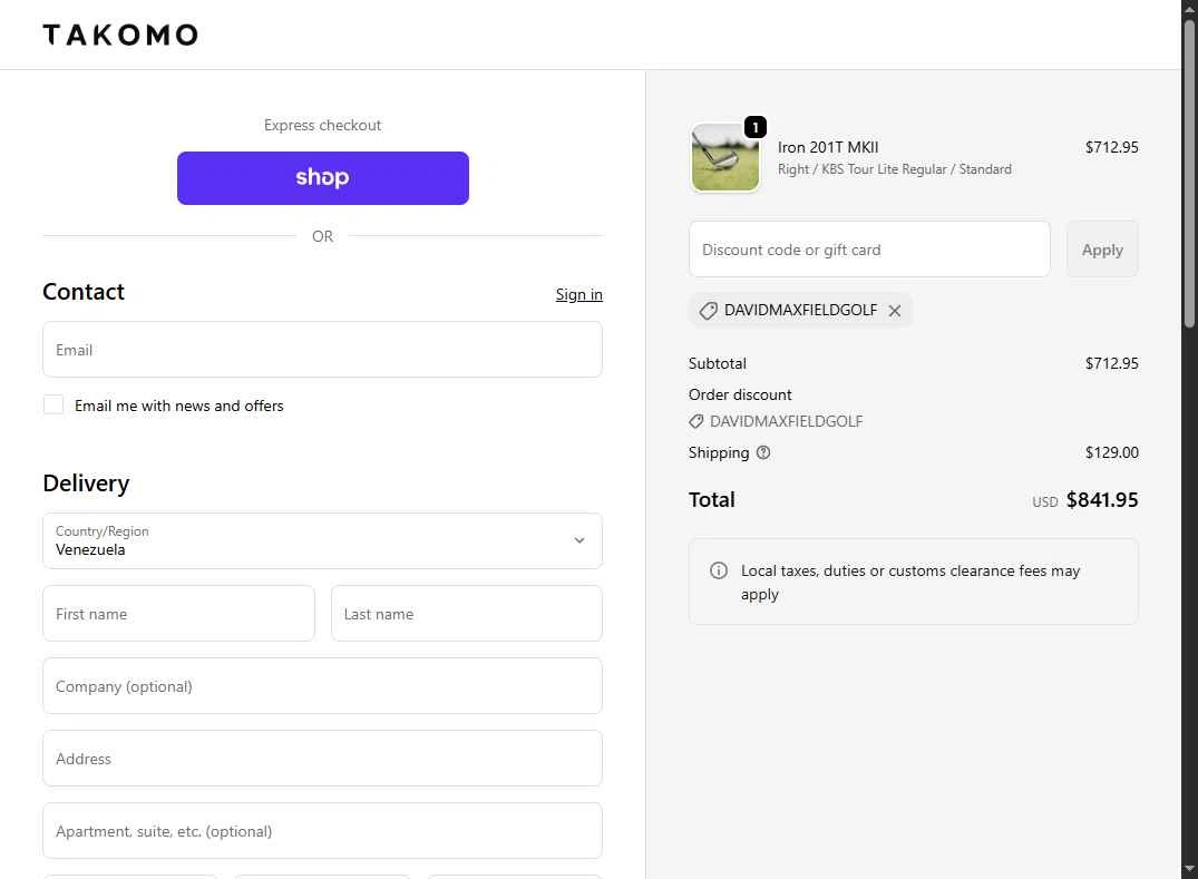 Takomo Golf checkout page showing Takomo Golf discount code box | Screenshot taken by SimplyCodes community member on Feb 6, 2026