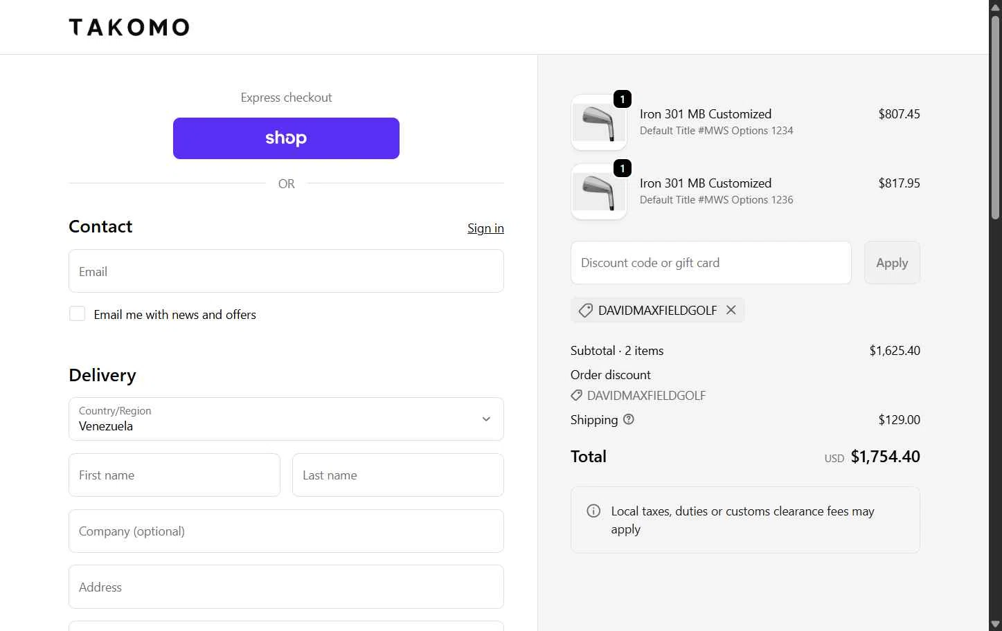 Takomo Golf checkout page showing Takomo Golf discount code box | Screenshot taken by SimplyCodes community member on Jan 30, 2026