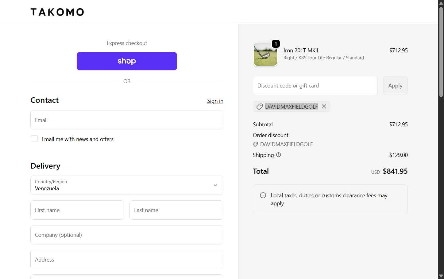 Takomo Golf checkout page showing Takomo Golf discount code box | Screenshot taken by SimplyCodes community member on Feb 3, 2026