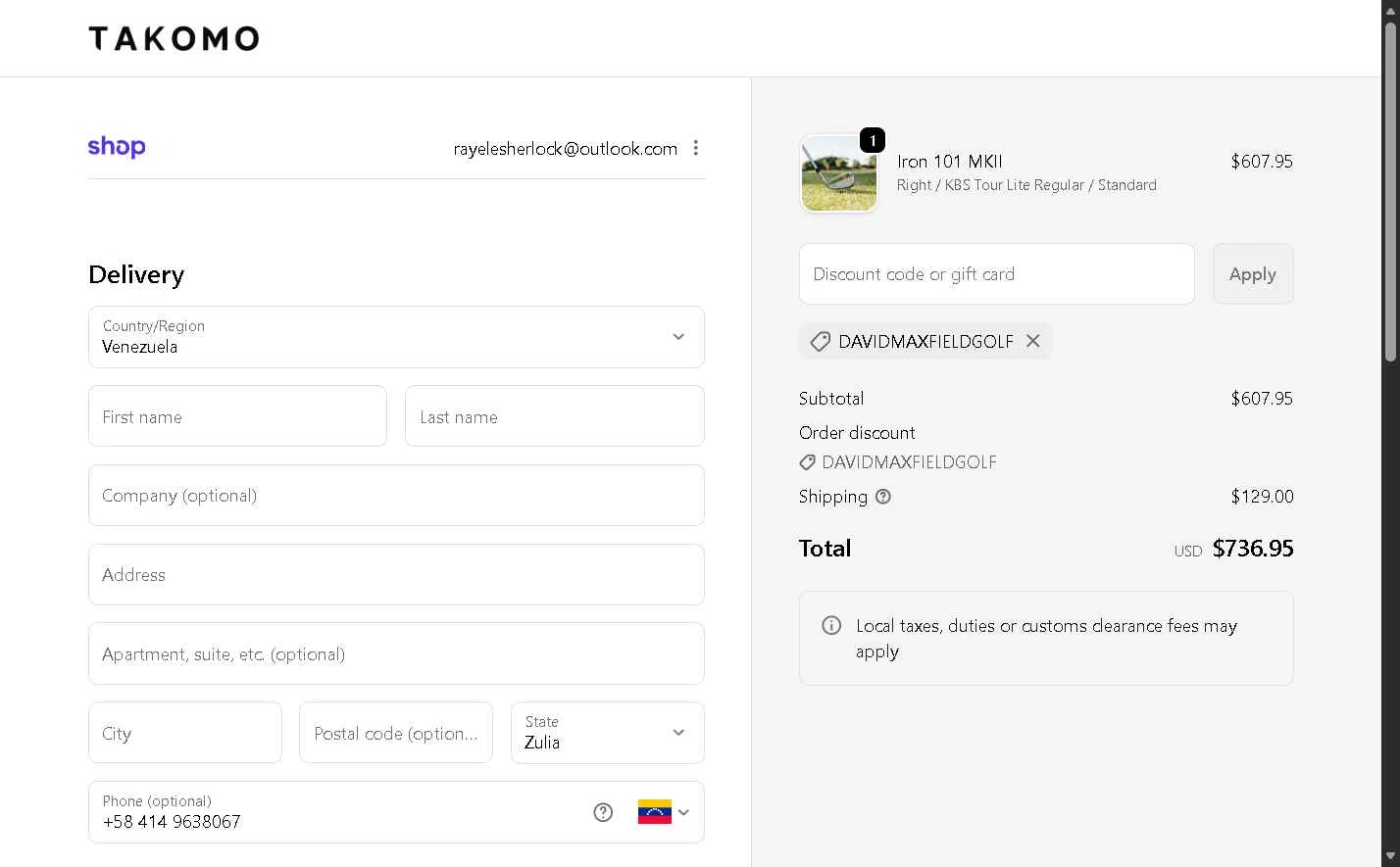 Takomo Golf checkout page showing Takomo Golf discount code box | Screenshot taken by SimplyCodes community member on Jan 23, 2026