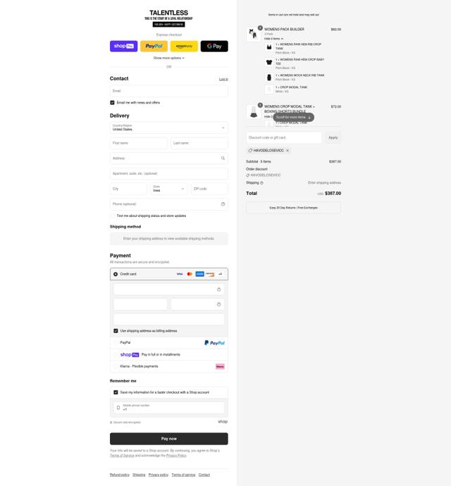 TALENTLESS checkout page showing TALENTLESS discount code box | Screenshot taken by SimplyCodes community member on Jul 26, 2025