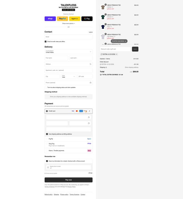 TALENTLESS checkout page showing TALENTLESS discount code box | Screenshot taken by SimplyCodes community member on Aug 29, 2025