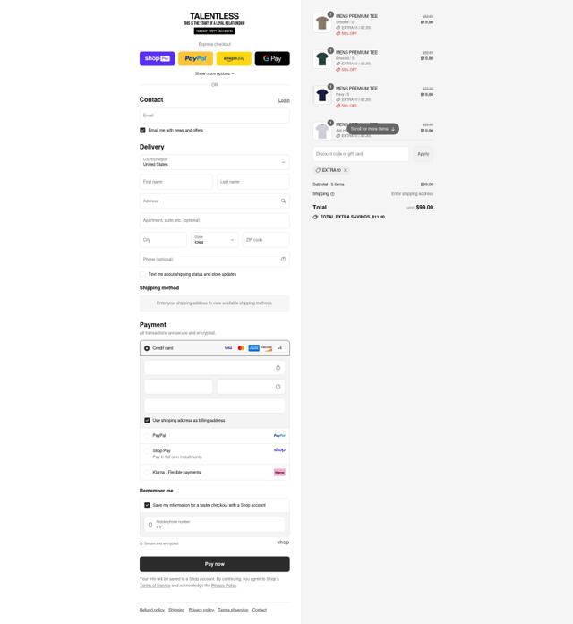 TALENTLESS checkout page showing TALENTLESS discount code box | Screenshot taken by SimplyCodes community member on Aug 25, 2025