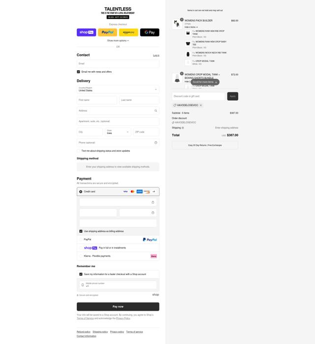 TALENTLESS checkout page showing TALENTLESS discount code box | Screenshot taken by SimplyCodes community member on Jul 20, 2025