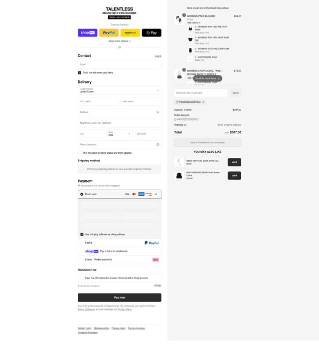 TALENTLESS checkout page showing TALENTLESS discount code box | Screenshot taken by SimplyCodes community member on Jul 13, 2025