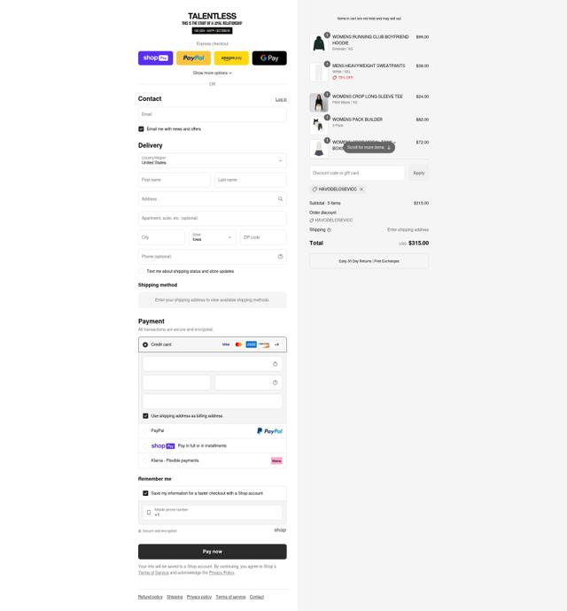TALENTLESS checkout page showing TALENTLESS discount code box | Screenshot taken by SimplyCodes community member on Jul 31, 2025