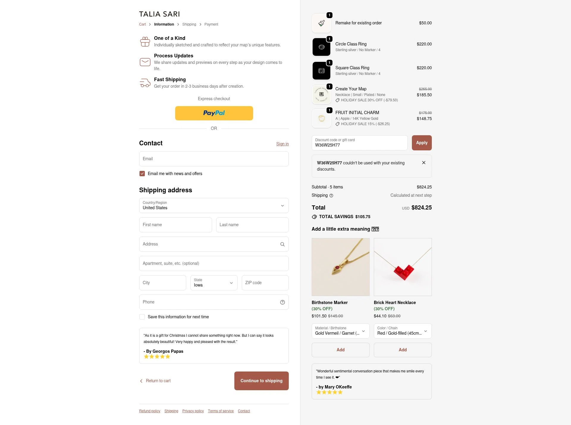 Talia Sari checkout page showing Talia Sari discount code box | Screenshot taken by SimplyCodes community member on Dec 2, 2025