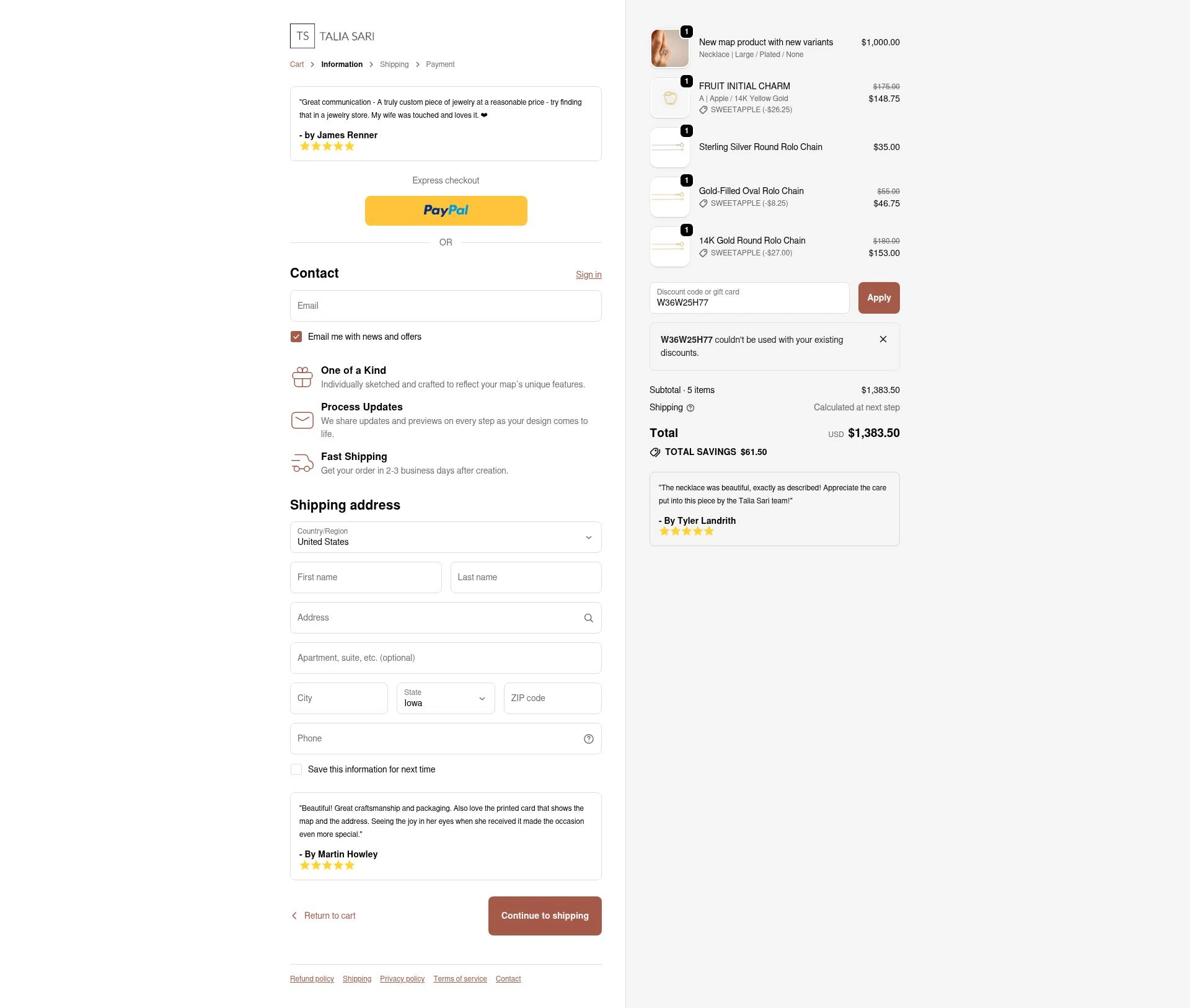 Talia Sari checkout page showing Talia Sari discount code box | Screenshot taken by SimplyCodes community member on Oct 29, 2025
