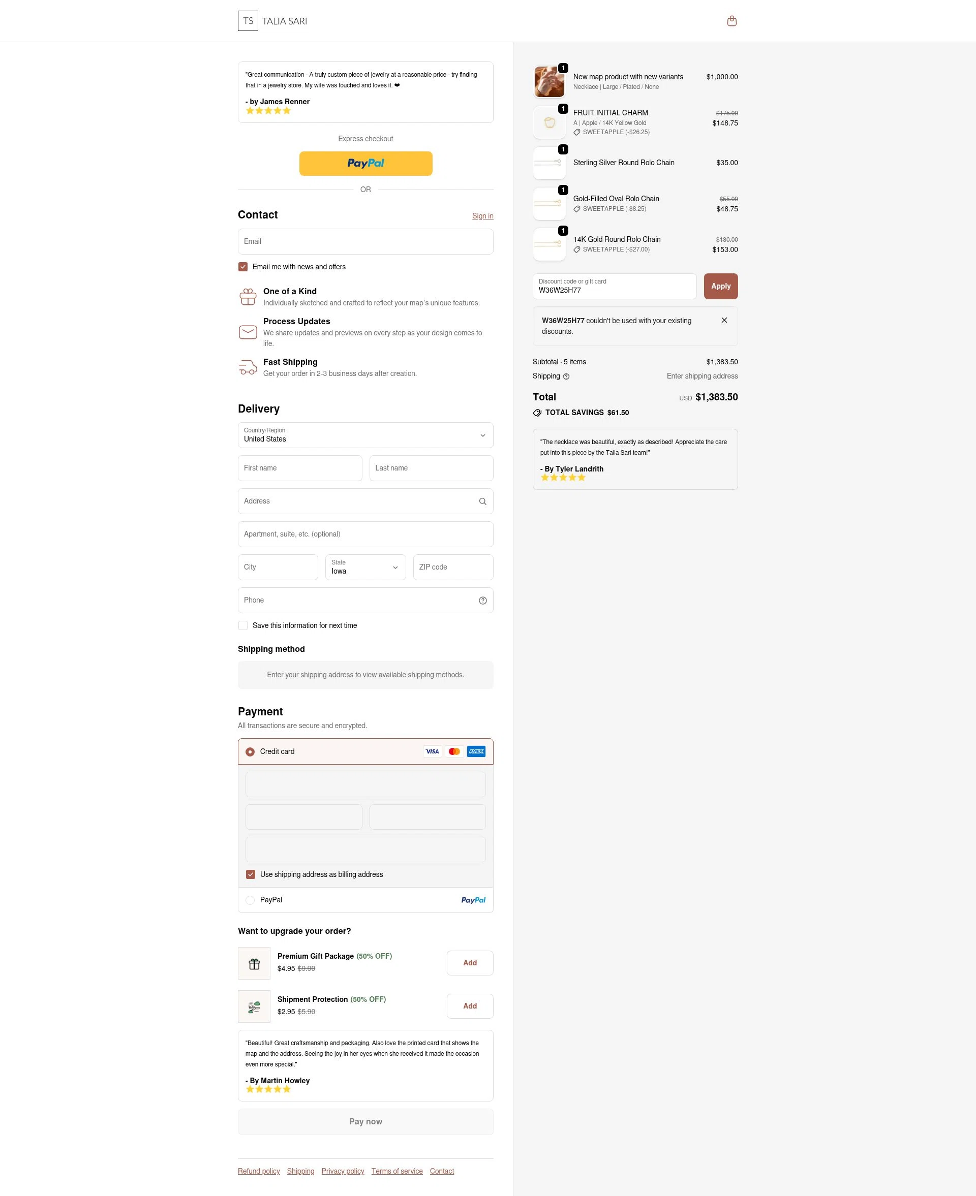 Talia Sari checkout page showing Talia Sari discount code box | Screenshot taken by SimplyCodes community member on Nov 6, 2025