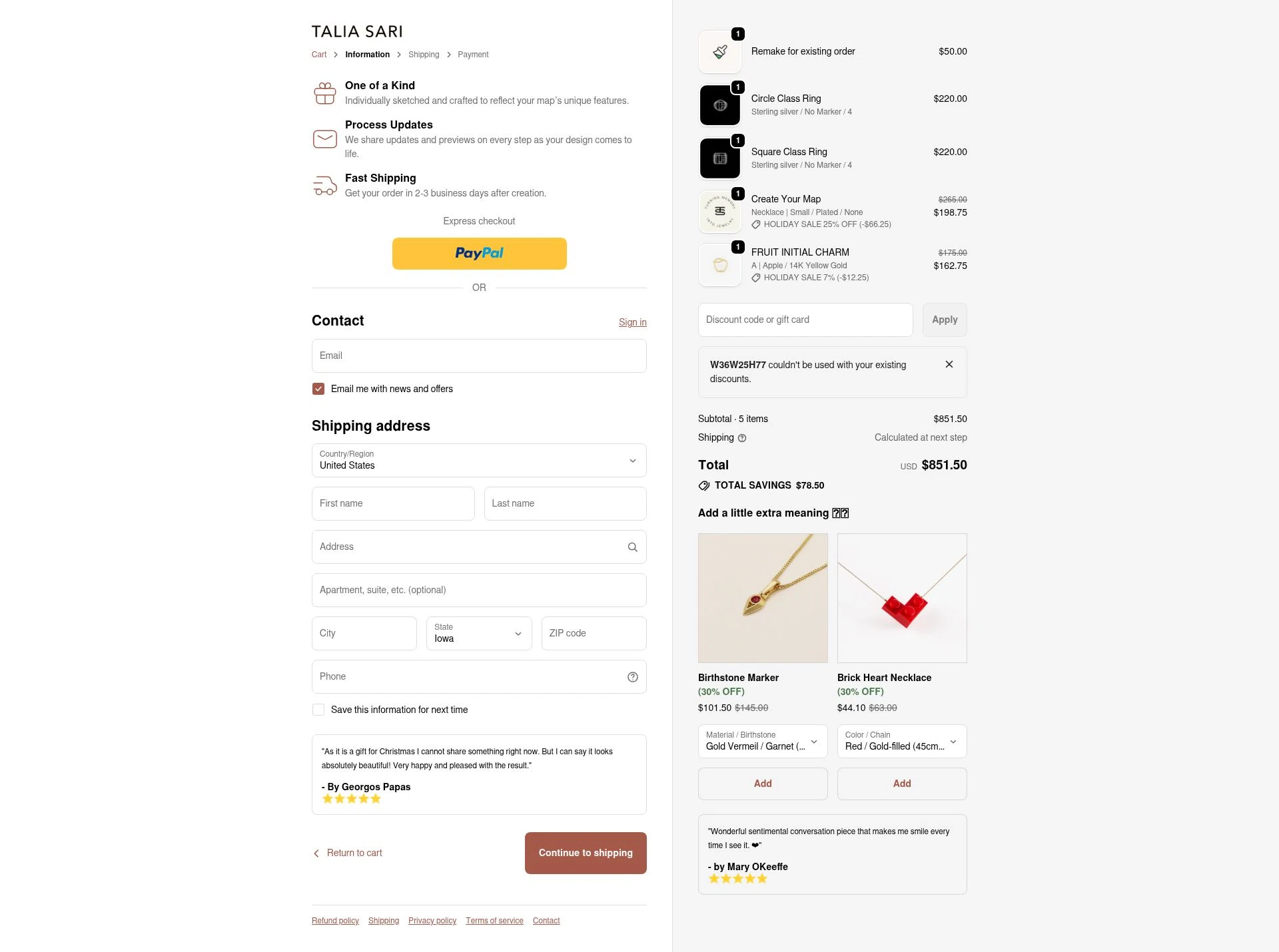 Talia Sari checkout page showing Talia Sari discount code box | Screenshot taken by SimplyCodes community member on Dec 20, 2025