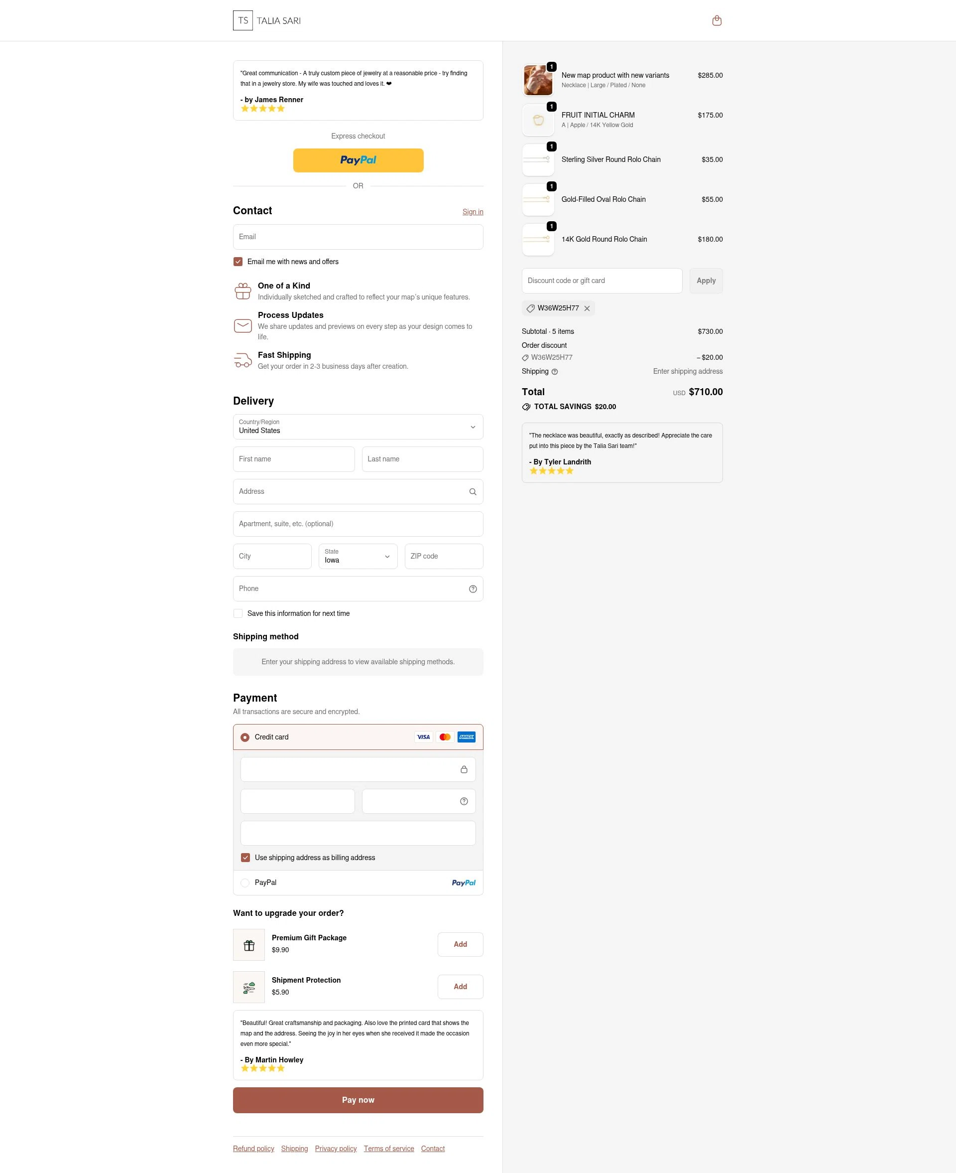 Talia Sari checkout page showing Talia Sari discount code box | Screenshot taken by SimplyCodes community member on Nov 17, 2025
